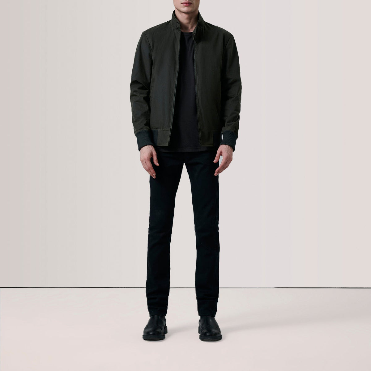 
Olive Waxed Cotton Canvas Bomber Jacket - Back View Showing Tailored Shoulder Fit & Clean Hemline