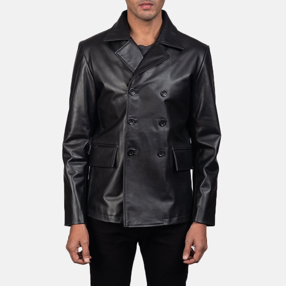
Men's Mr. Bailey Black Leather Naval Peacoat in Black Cowhide Leather - Front Profile View & Tailored Silhouette | Buy Online