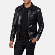 
Black Cowhide Leather Biker Jacket - Back View Showing Tailored Shoulder Fit & Clean Hemline