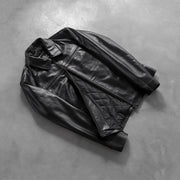 
Styled Fit Perspective of Men's Mystical Black Leather Jacket on Model - Natural Daylight Drape