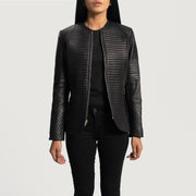 
Open Hem & Hem Craftsmanship Construction Detail on Women's Nexi Quilted Maroon Leather Jacket