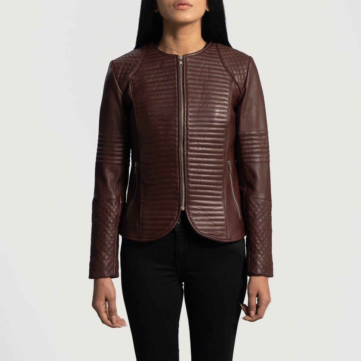 
Women's Nexi Quilted Maroon Leather Jacket in Maroon Sheepskin Leather - Front Profile View & Tailored Silhouette | Buy Online