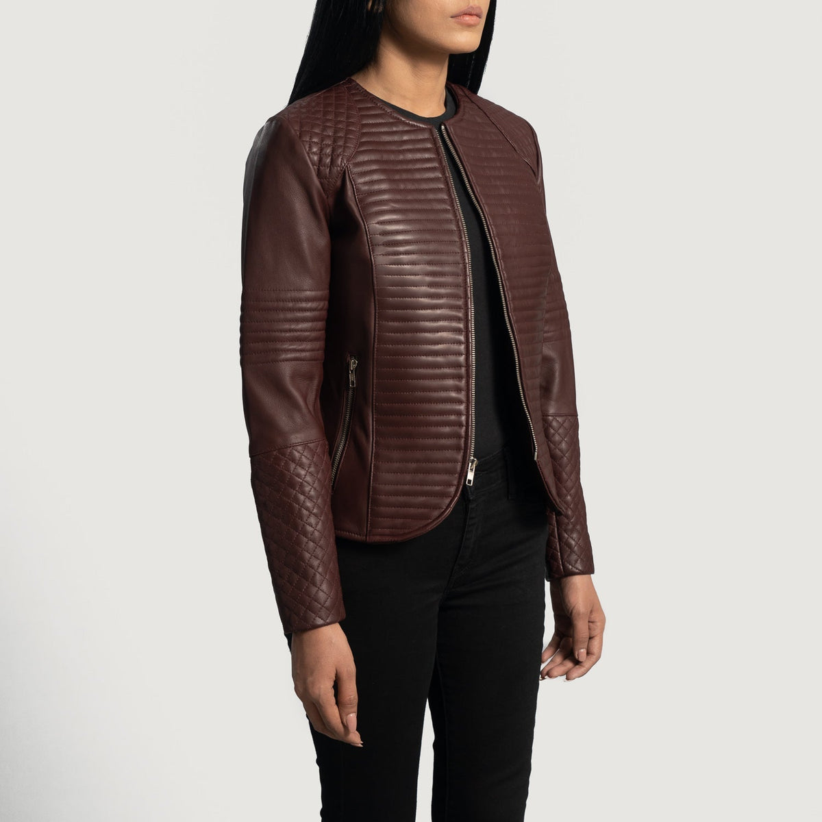
Maroon Sheepskin Leather Biker Jacket - Back View Showing Tailored Shoulder Fit & Clean Hemline