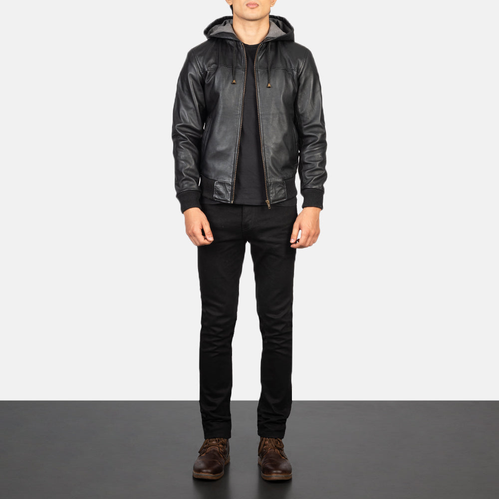 
Men's Nintenzo Black Hooded Leather Jacket - Lateral Side Profile View Showing Sleeve Cut & Athletic Taper Fit