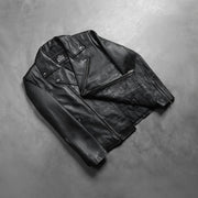 
Styled Fit Perspective of Men's Noah Black Leather Biker Jacket on Model - Natural Daylight Drape
