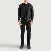 
Close-Up Detail of Varsity collar & Zipper Hardware on Pascal Black Leather Varsity Jacket
