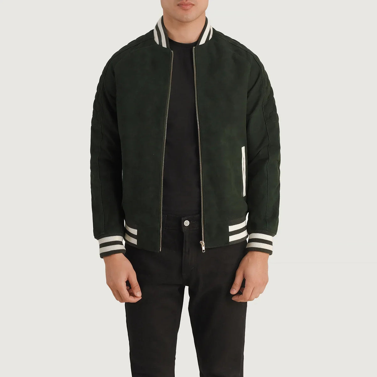 
Pascal Green Suede Varsity Jacket in Green Goatskin Suede - Front Profile View & Tailored Silhouette | Buy Online