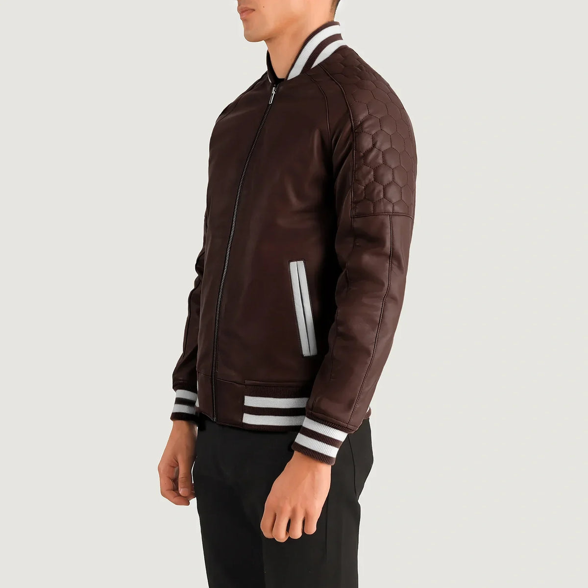 
Maroon Sheepskin Leather Varsity Jacket - Back View Showing Tailored Shoulder Fit & Clean Hemline