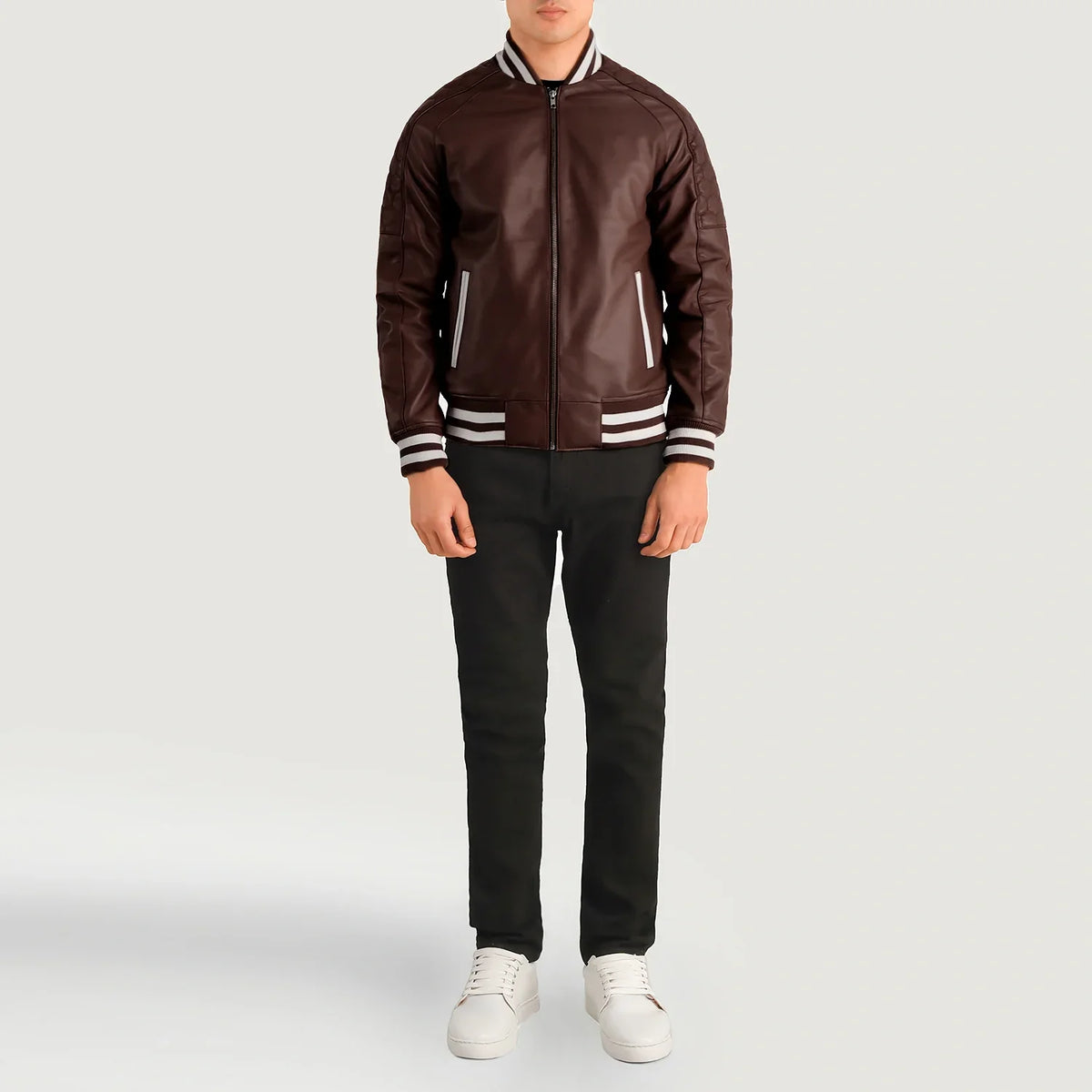 
Pascal Maroon Leather Varsity Jacket - Lateral Side Profile View Showing Sleeve Cut & Athletic Taper Fit