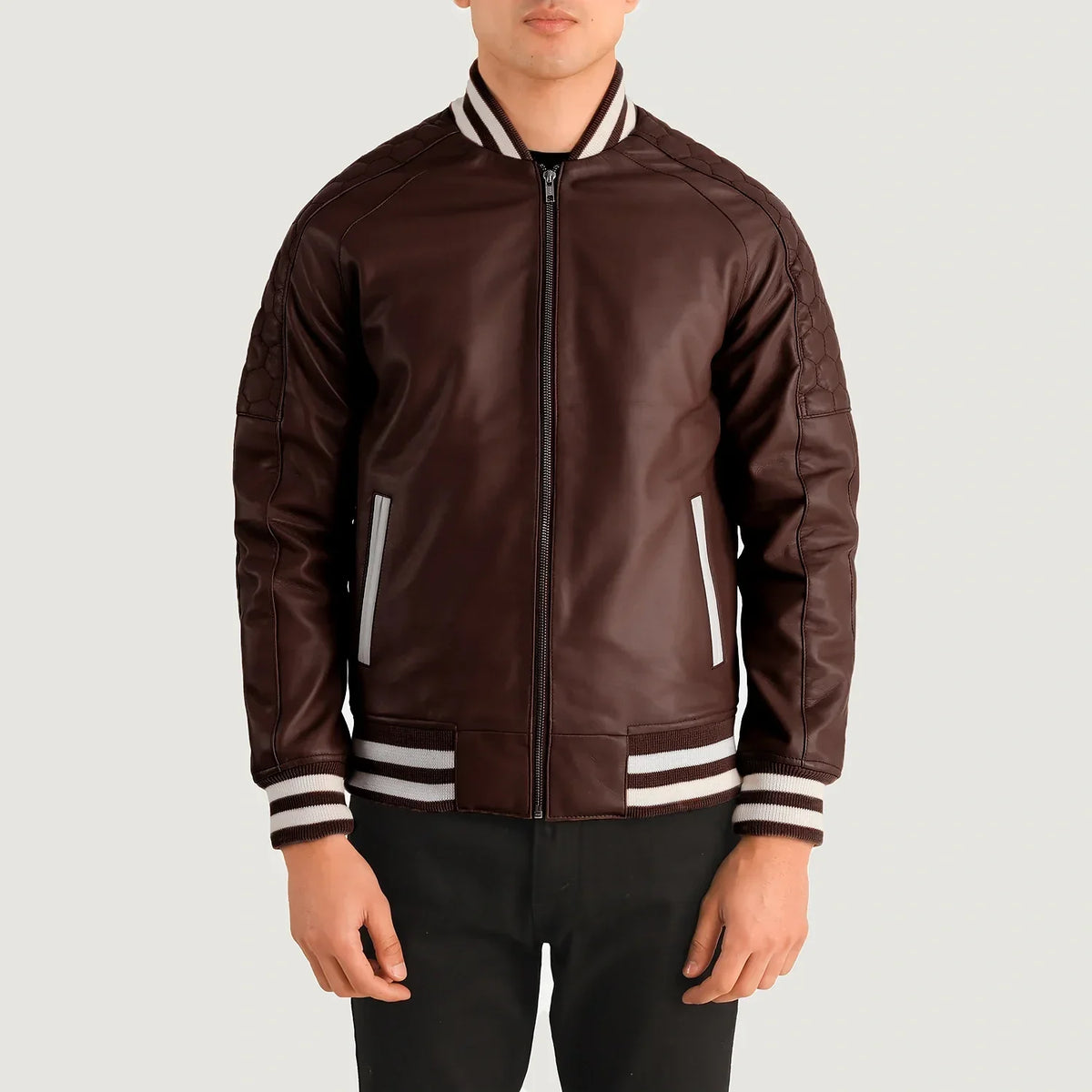 
Close-Up Detail of Varsity collar & Zipper Hardware on Pascal Maroon Leather Varsity Jacket