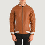 
Close-Up Detail of Varsity collar & Zipper Hardware on Pascal Tan Brown Leather Varsity Jacket
