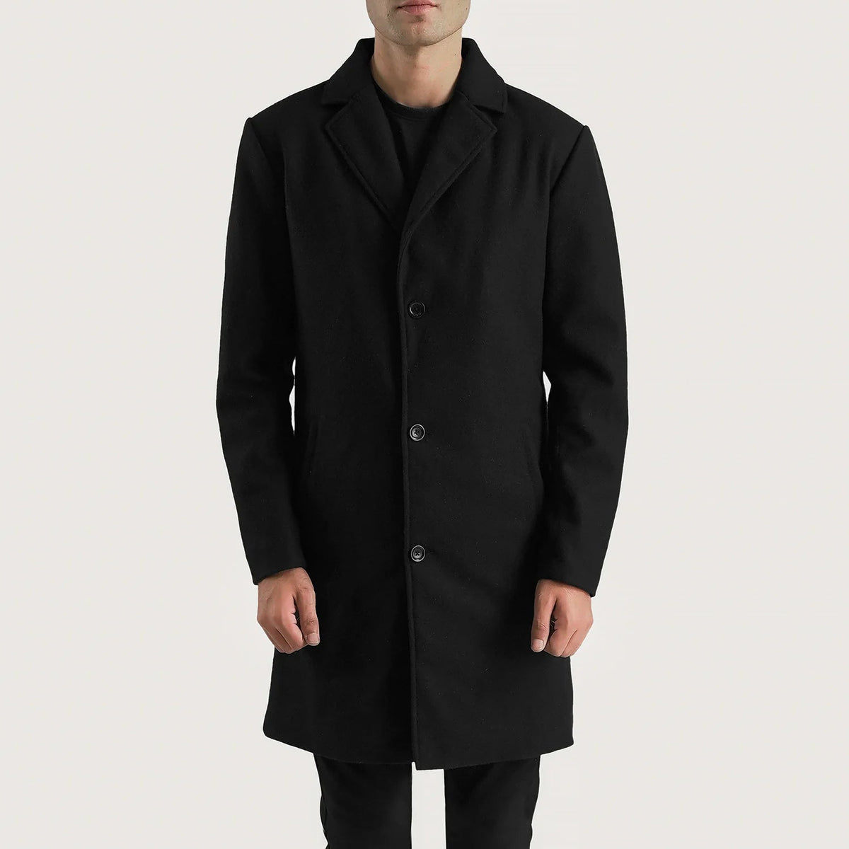 
Close-Up Detail of Notch & Button Hardware on Petrillo Black Wool Single Breasted Coat