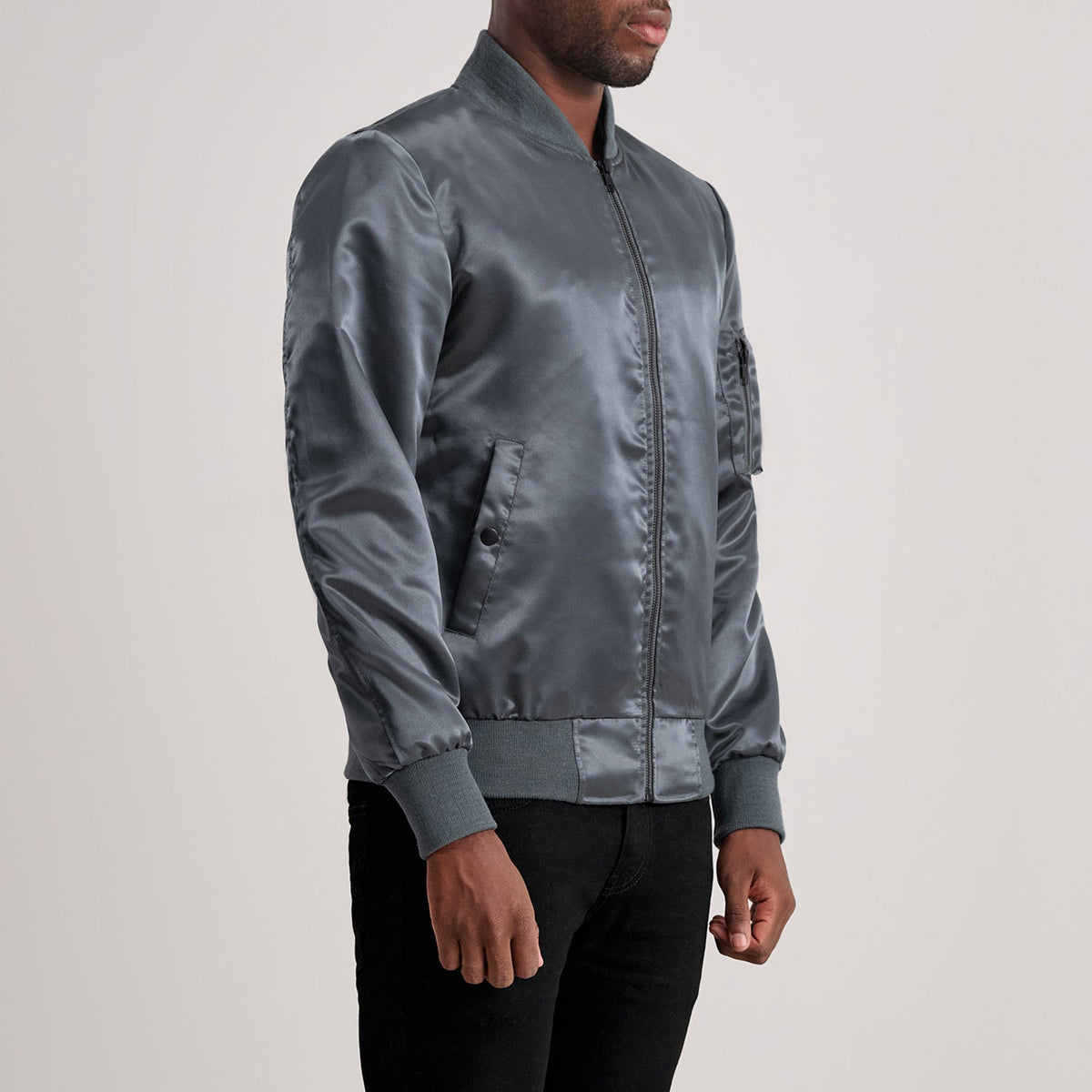 
Grey Satin Bomber Jacket - Back View Showing Tailored Shoulder Fit & Clean Hemline