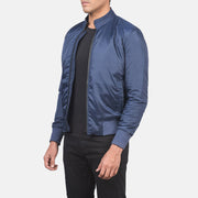 
Blue Nylon Bomber Jacket - Back View Showing Tailored Shoulder Fit & Clean Hemline