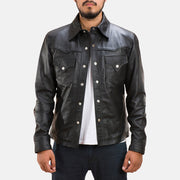 
Men's Ranchson Black Leather Shirt in Black Sheepskin Leather - Front Profile View & Tailored Silhouette | Buy Online