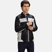 
Randolf Silver Black Leather Biker Jacket in Black & silver Sheepskin Leather - Front Profile View & Tailored Silhouette | Buy Online