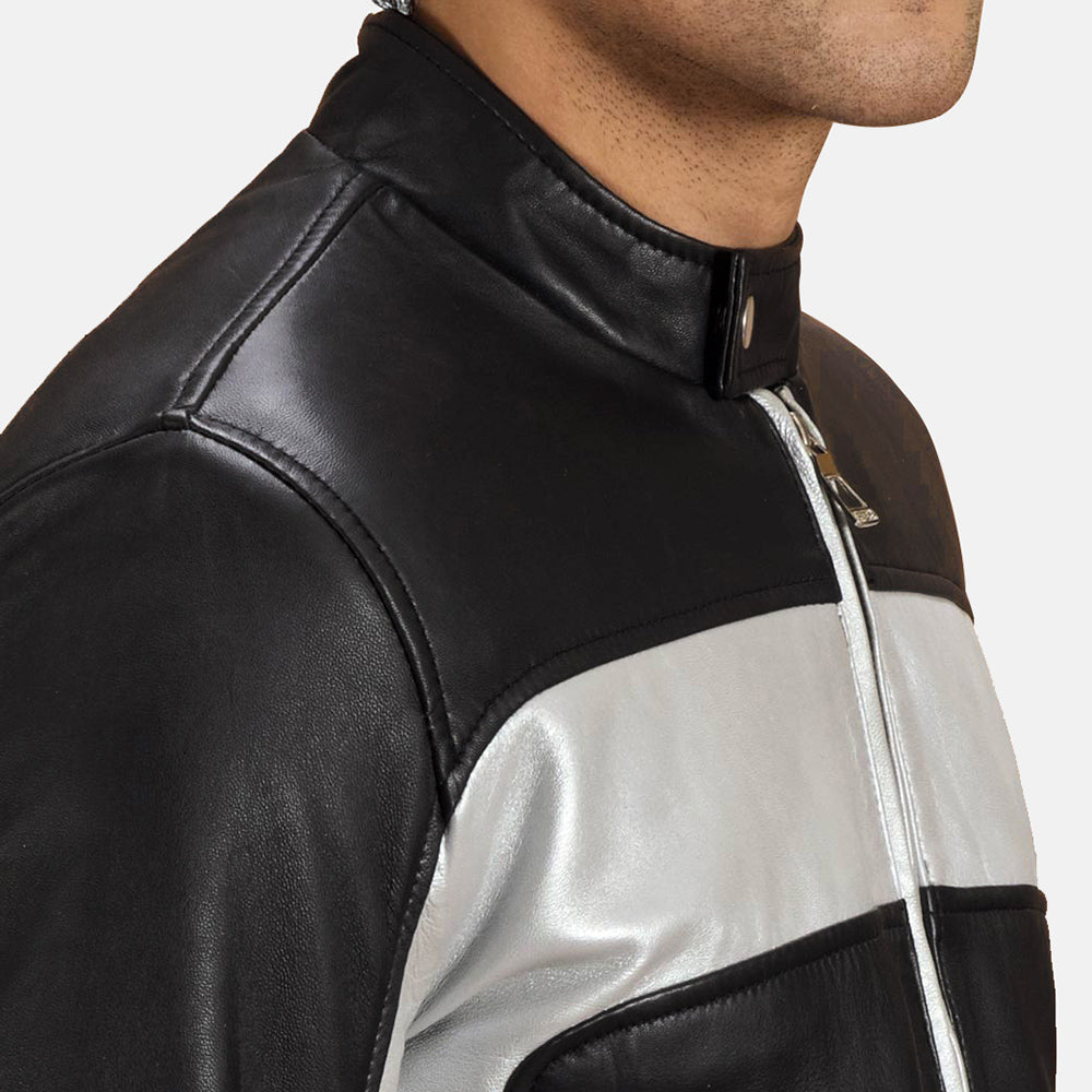 
Randolf Silver Black Leather Biker Jacket - Lateral Side Profile View Showing Sleeve Cut & Athletic Taper Fit