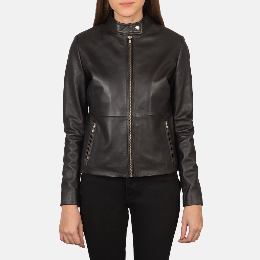 
Women's Rave Brown Leather Biker Jacket in Brown Sheepskin Leather - Front Profile View & Tailored Silhouette | Buy Online
