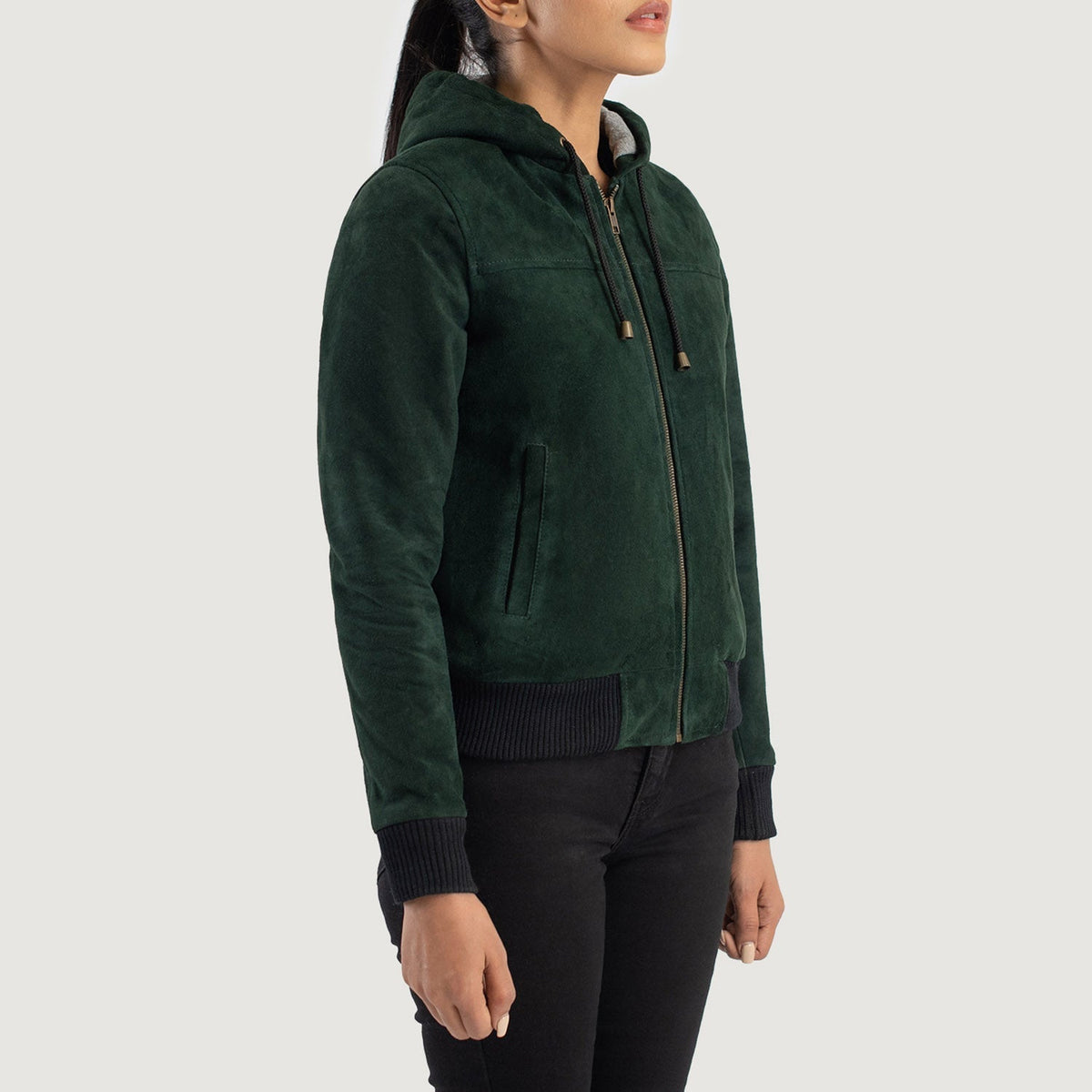 
Green Goatskin Suede Bomber Jacket - Back View Showing Tailored Shoulder Fit & Clean Hemline