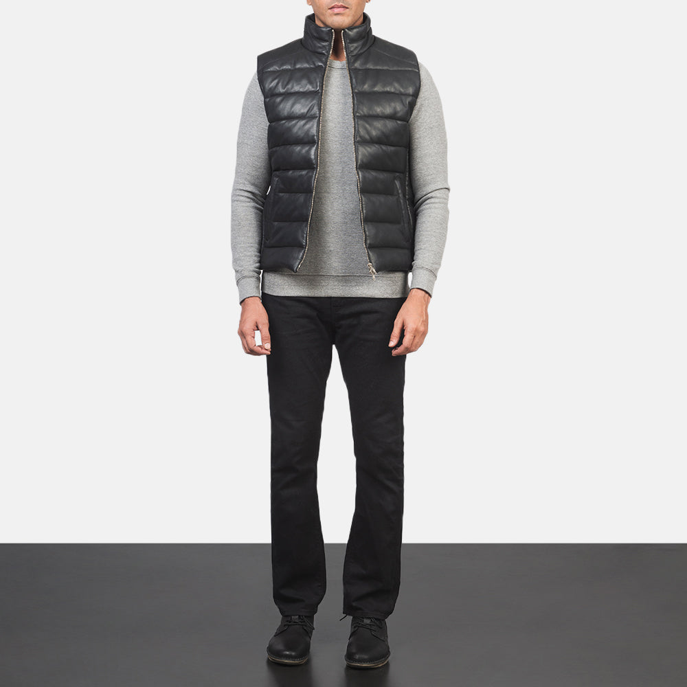 
Men's Reeves Black Leather Puffer Vest - Lateral Side Profile View Showing Sleeve Cut & Athletic Taper Fit