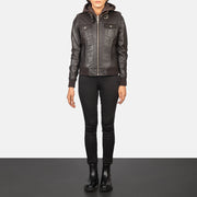 
Women's Roslyn Brown Hooded Leather Bomber Jacket - Lateral Side Profile View Showing Sleeve Cut & Athletic Taper Fit
