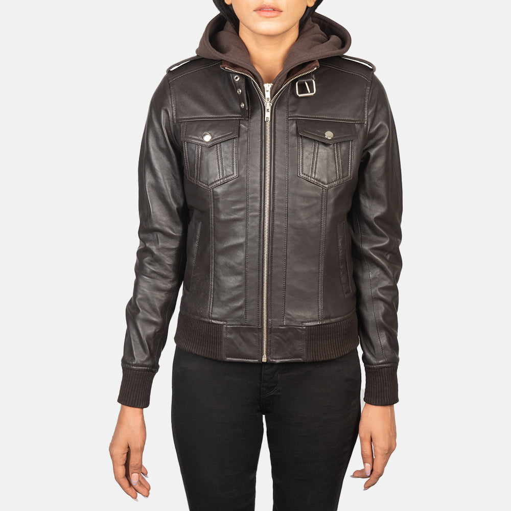 
Close-Up Detail of High Neck with Belt & Zipper Hardware on Women's Roslyn Brown Hooded Leather Bomber Jacket