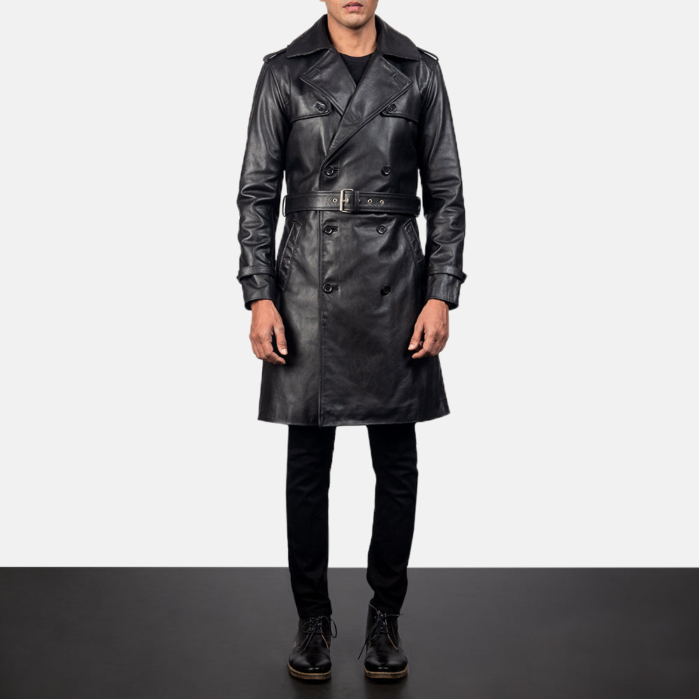 
Men's Royson Black Leather Duster Coat in Black Cowhide Leather - Front Profile View & Tailored Silhouette | Buy Online