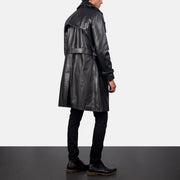 
Men's Royson Black Leather Duster Coat - Lateral Side Profile View Showing Sleeve Cut & Athletic Taper Fit