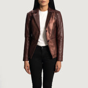 
Women's Ruby Metallic Maroon Leather Blazer - Lateral Side Profile View Showing Sleeve Cut & Athletic Taper Fit