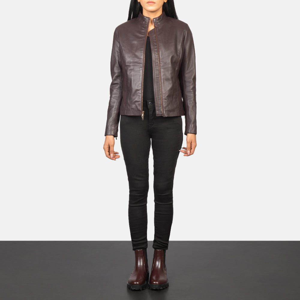
Women's Rumella Maroon Leather Biker Jacket - Lateral Side Profile View Showing Sleeve Cut & Athletic Taper Fit