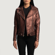 
Women's Rumy Maroon Leather Biker Jacket - Lateral Side Profile View Showing Sleeve Cut & Athletic Taper Fit