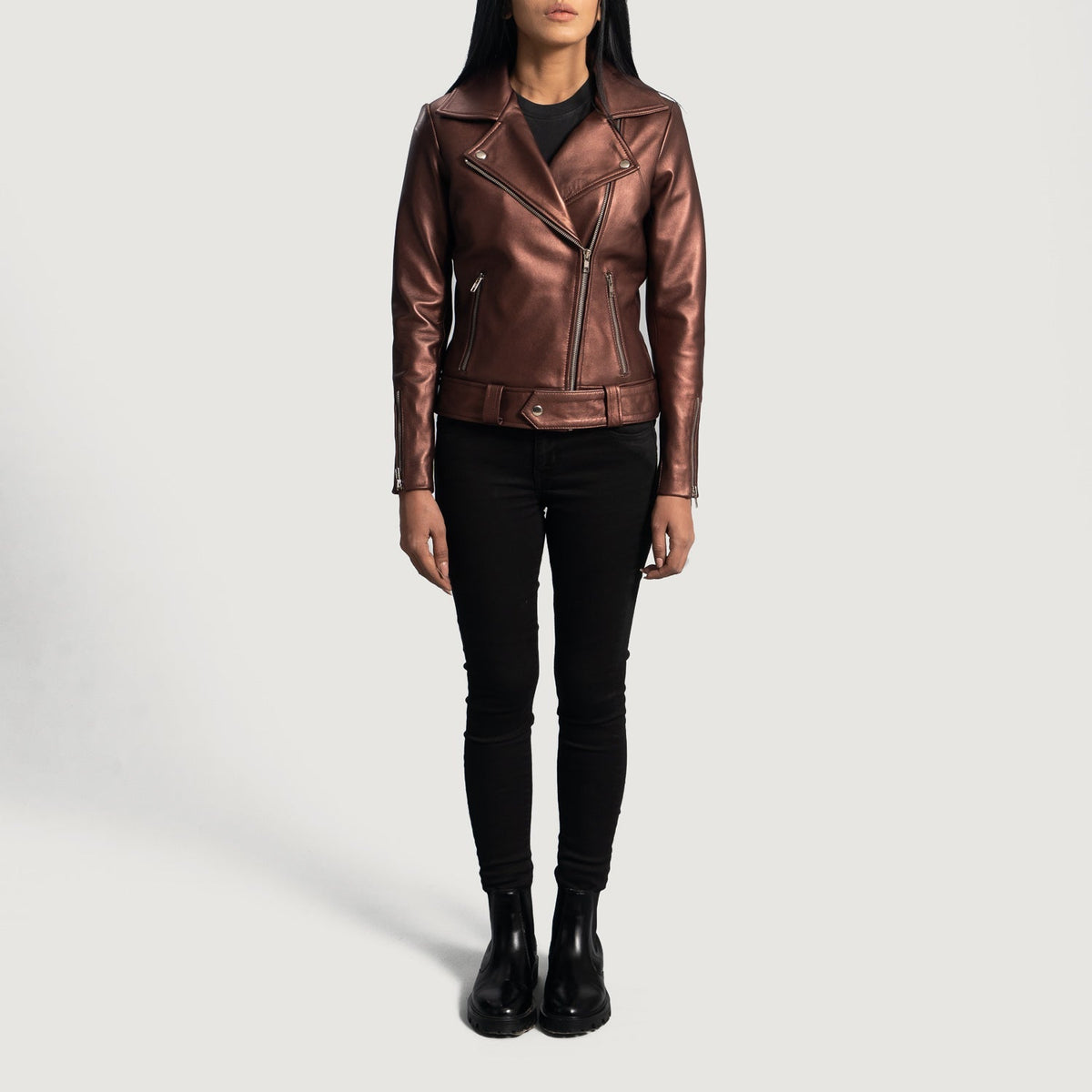 
Close-Up Detail of Notch & Zipper Hardware on Women's Rumy Maroon Leather Biker Jacket