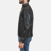 
Rustic Black Leather Biker Jacket - Lateral Side Profile View Showing Sleeve Cut & Athletic Taper Fit