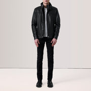 
Black Sheepskin Leather Biker Jacket - Back View Showing Tailored Shoulder Fit & Clean Hemline