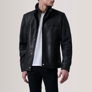 
Sean Black Snuffed Classic Jacket For Men in Distressed Black Sheepskin Snuffed - Front Profile View & Tailored Silhouette | Buy Online