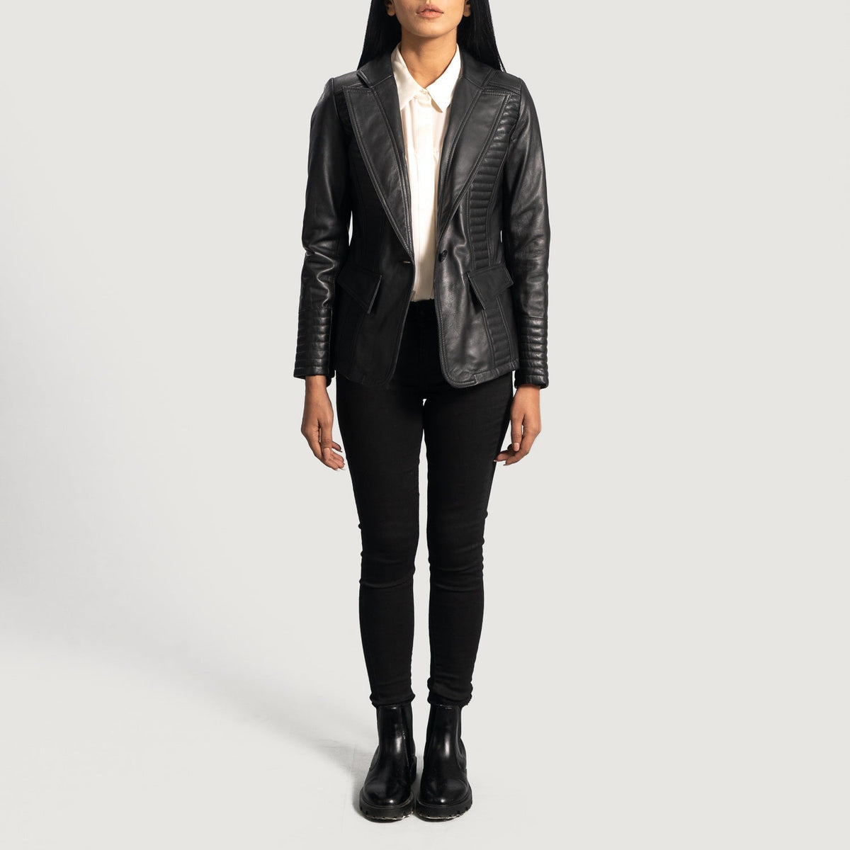 
Close-Up Detail of Notch & Button Hardware on Women's Selina Black Leather Blazer