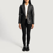 
Close-Up Detail of Notch & Button Hardware on Women's Selina Black Leather Blazer