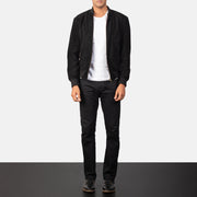 
Men's Shane Black Suede Bomber Jacket - Lateral Side Profile View Showing Sleeve Cut & Athletic Taper Fit