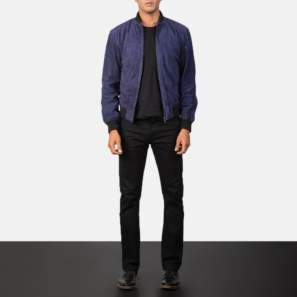 
Men's Shane Navy Blue Suede Bomber Jacket - Lateral Side Profile View Showing Sleeve Cut & Athletic Taper Fit