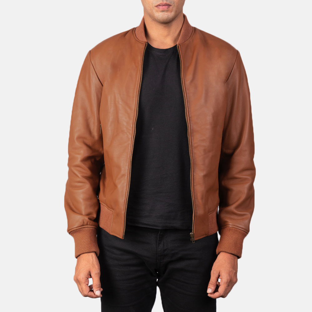 
Men's Shane Brown Leather Bomber Jacket in Brown Sheepskin Leather - Front Profile View & Tailored Silhouette | Buy Online