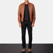 
Men's Shane Brown Leather Bomber Jacket - Lateral Side Profile View Showing Sleeve Cut & Athletic Taper Fit