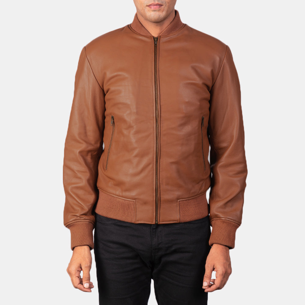 
Close-Up Detail of Varsity & Zipper Hardware on Men's Shane Brown Leather Bomber Jacket