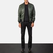 
Close-Up Detail of Rib Knit & Zipper Hardware on Men's Shane Army Green Leather Bomber Jacket