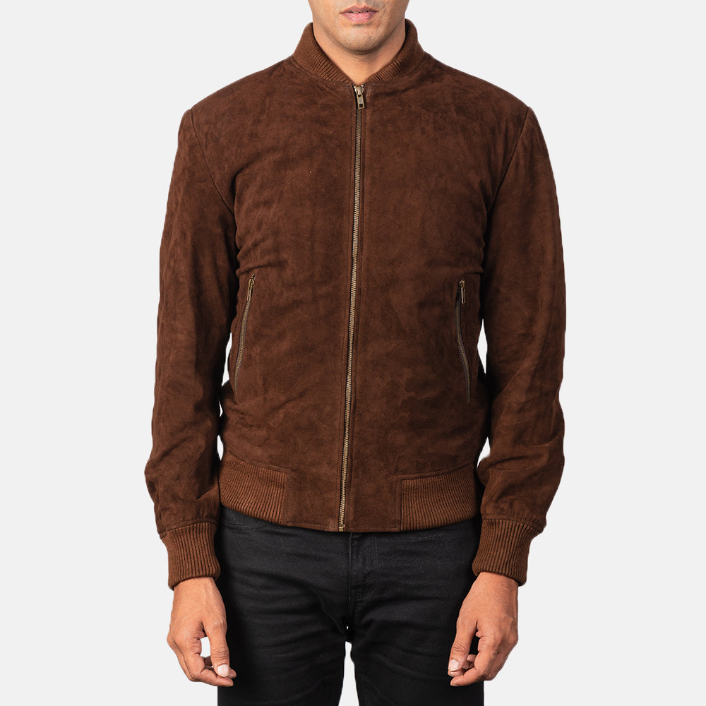 
Close-Up Detail of Varsity & Zipper Hardware on Men's Shane Dark Mocha Brown Suede Bomber Jacket