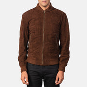 
Close-Up Detail of Varsity & Zipper Hardware on Men's Shane Dark Mocha Brown Suede Bomber Jacket
