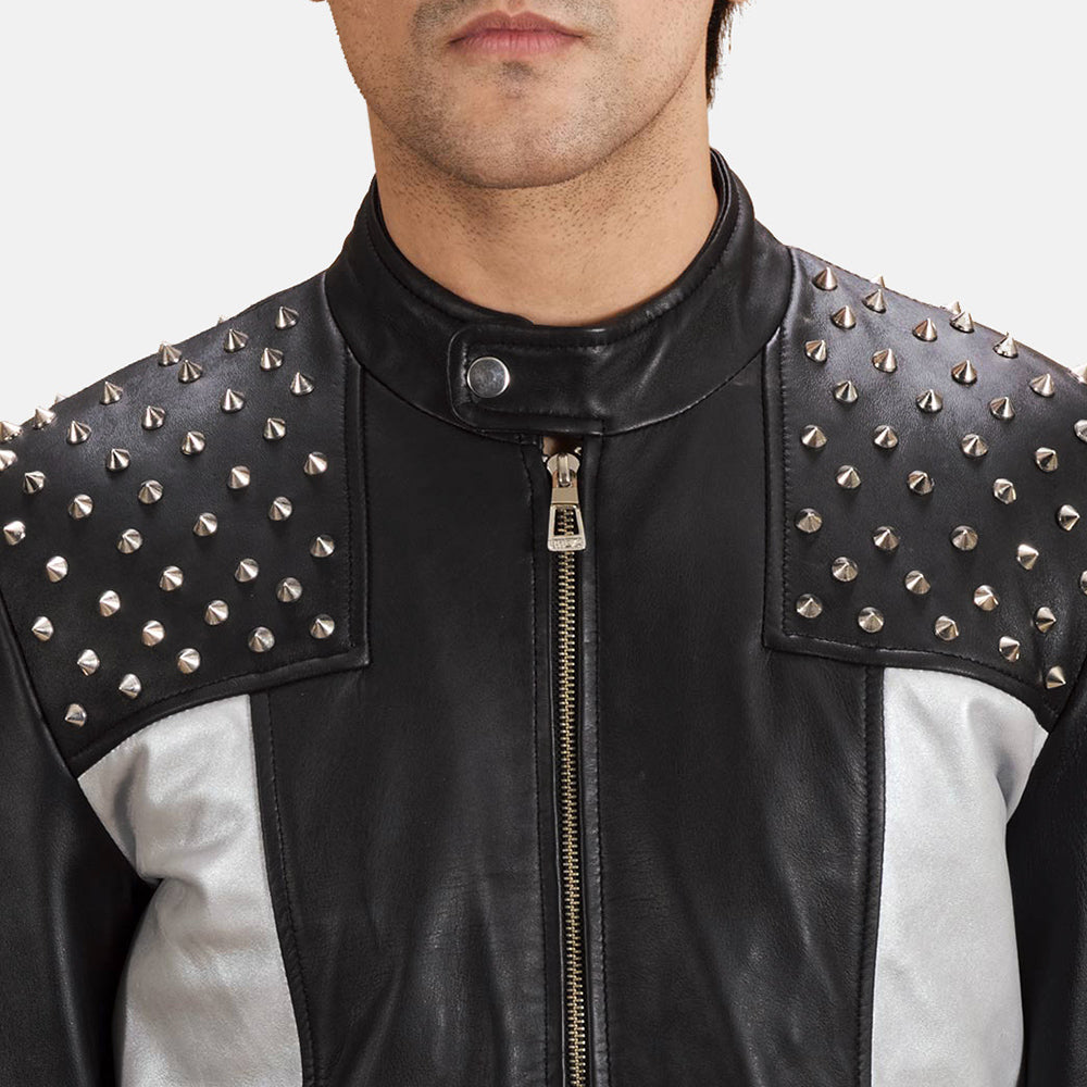 
Close-Up Detail of Band with snap button & Zipper Hardware on Shapron Studded Leather Biker Jacket