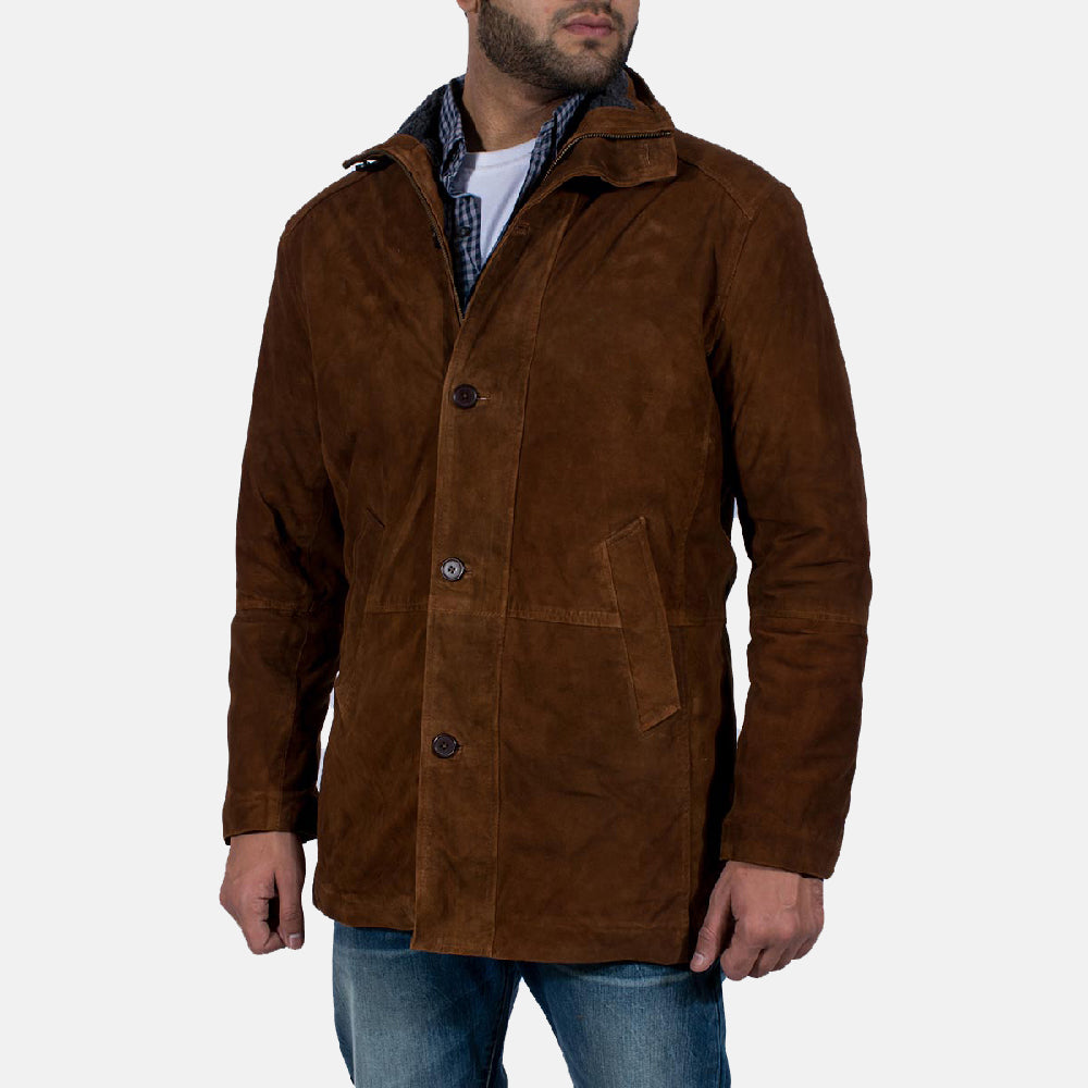
Men's Sheriff Brown Suede Jacket - Lateral Side Profile View Showing Sleeve Cut & Athletic Taper Fit