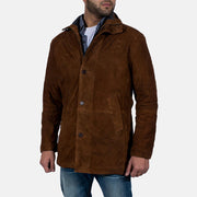 
Men's Sheriff Brown Suede Jacket - Lateral Side Profile View Showing Sleeve Cut & Athletic Taper Fit