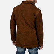 
Close-Up Detail of High neck & Zipper with Button Flap Hardware on Men's Sheriff Brown Suede Jacket