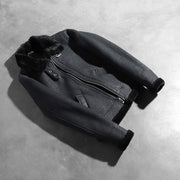 
Roll-back Cuffs & Hem Craftsmanship Construction Detail on Women's Sherilyn B-3 Distressed Black Leather Bomber Jacket